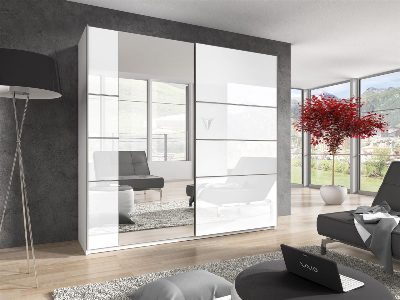 Schiebetürenschrank Schrank SKADI Weiss Hochglanz 180x210 cm von Fun Moebel