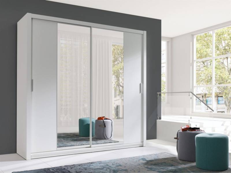Schiebetürenschrank Schrank VISBY Weiss matt + Spiegel 200x215 cm von Fun Moebel