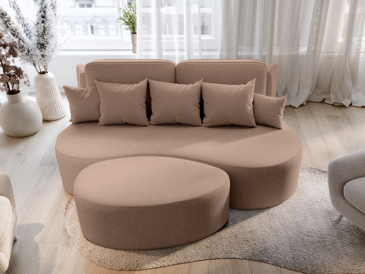 Schlafsofa Designersofa Sofa BIONA in Stoff Doha Milchkaffee inkl. Couchhocker von Fun Möbel