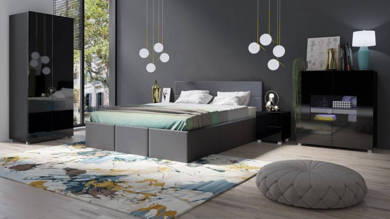 Schlafzimmer Komplett Set 5 tlg LABRI Grau- Schwarz Hochglanz von Fun Moebel