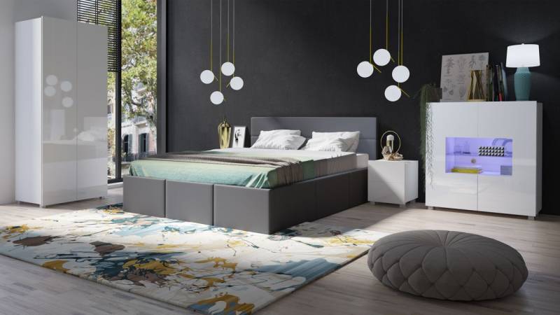 Schlafzimmer Komplett Set 5 tlg LABRI Grau- Weiss Hochglanz von Fun Moebel