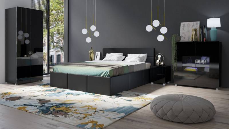 Schlafzimmer Komplett Set 5 tlg LABRI Schwarz- Schwarz Hochglanz von Fun Moebel