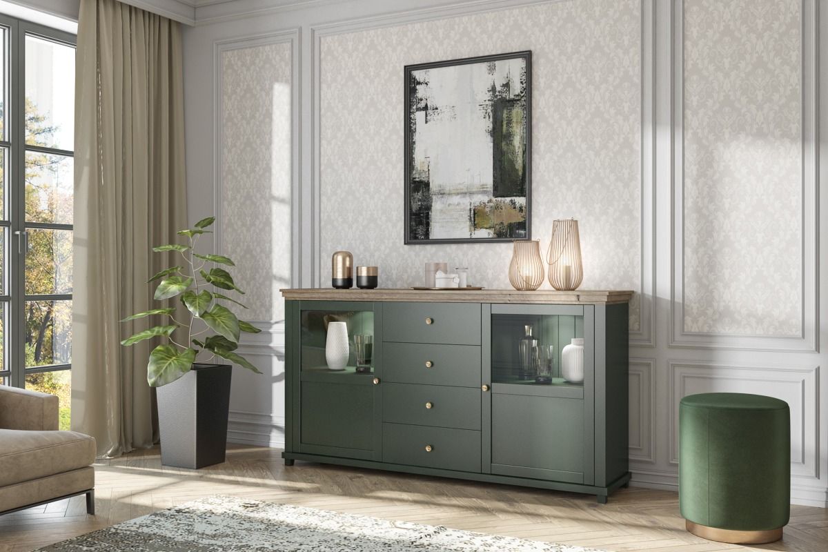 Sideboard HOME Anrichte 181 cm inkl.LED Beleuchtung Grün Eiche Lefkas von Fun Moebel