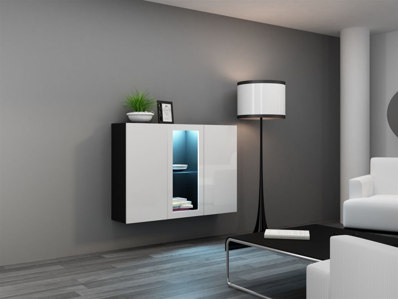 Sideboard Hängesideboard "LUGO" 120x38x90 cm Schwarz/Weiss HGL mit LED von Fun Möbel