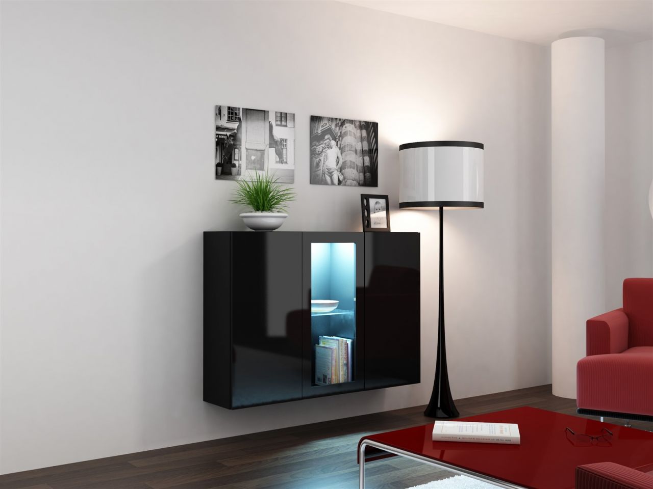 Sideboard Hängesideboard "LUGO" 120x38x90 cm Schwarz HGL mit LED von Fun Möbel