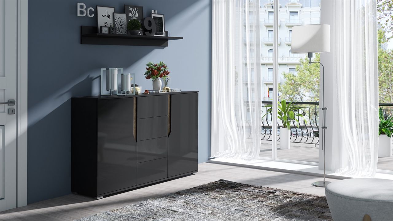 Sideboard Kommode DALLAS 135x90x40cm Schwarz HGL / Eiche Monastery von Fun Möbel