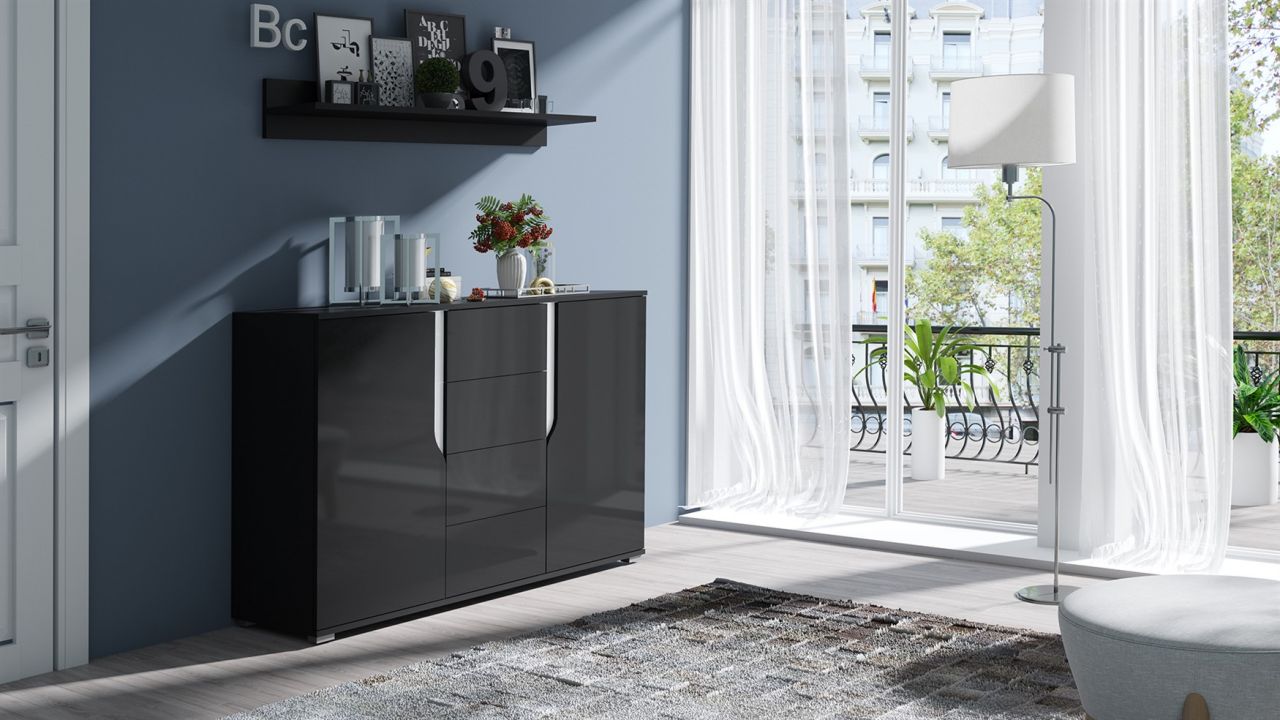 Sideboard Kommode DALLAS 135x90x40cm Schwarz HGL / Weiss HGL von Fun Möbel