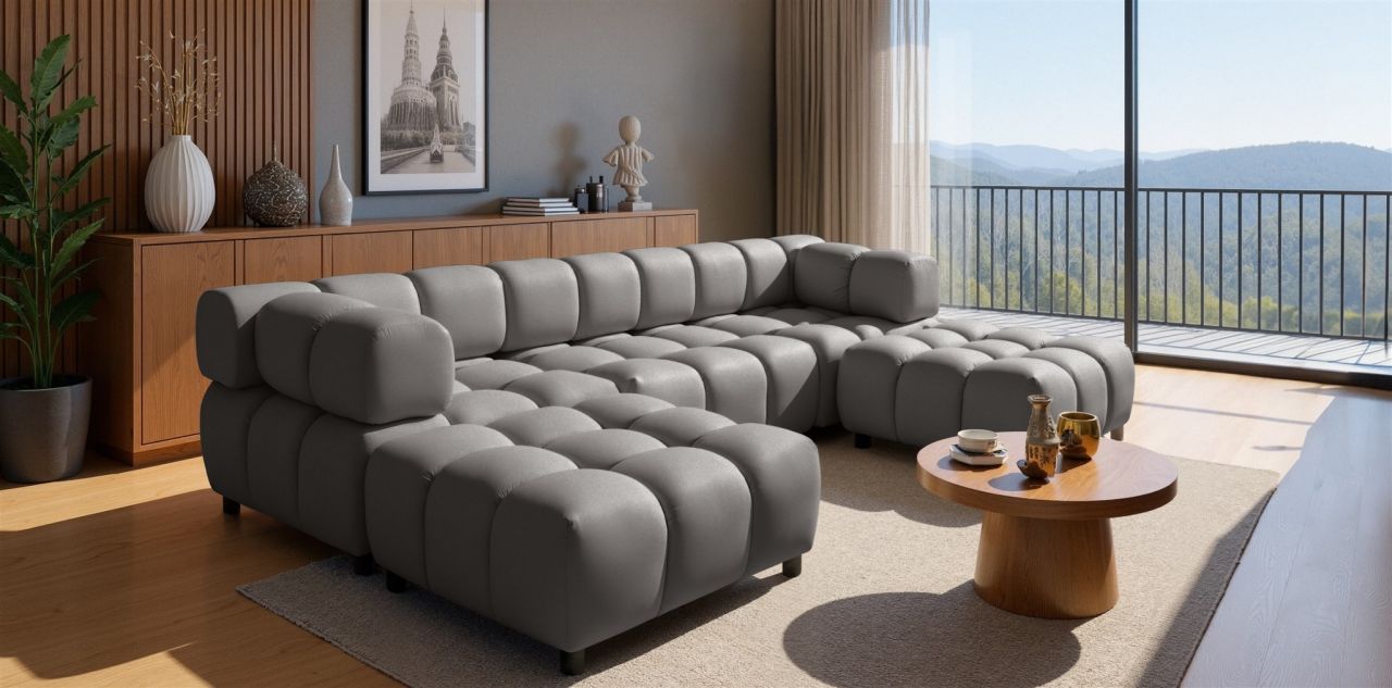 Sofa Designersofa FLOW 3-Sitzer inkl. 2 x Polsterhocker Stoff Bluvel Dunkelgrau von Fun Möbel