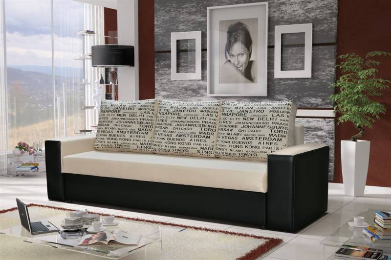 Sofa Designersofa LEEDS 3-Sitzer mit Schlaffunktion Schwarz / Beige von Fun Moebel