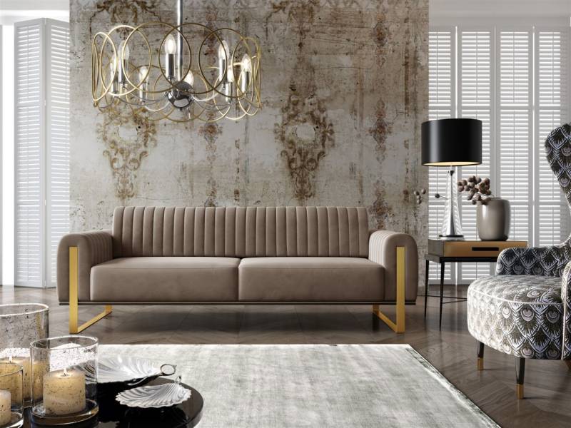 Sofa Designersofa VALERIE 3-Sitzer in Stoff Elisa Velvet Cappuccino von Fun Möbel