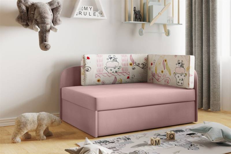 Sofa Kindersofa Schlafsofa inkl. Bettkasten MAILO Seite Links Stoff Rosa-Kuh von Fun Moebel