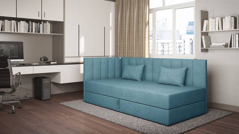 Sofa Polsterliege Kindersofa THELMA Seite Universal in Stoff Opera Velvet Blau von Fun Möbel