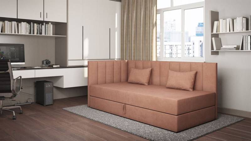 Sofa Polsterliege Kindersofa THELMA Seite Universal in Stoff Opera Velvet Lachs von Fun Möbel