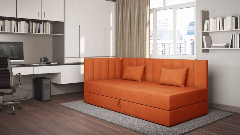 Sofa Polsterliege Kindersofa THELMA Seite Universal in Stoff Opera Velvet Orange von Fun Möbel