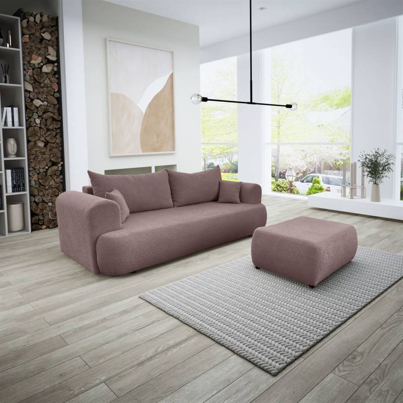 Sofa Schlafsofa 3-Sitzer ANIKE inkl. Polsterhocker in Stoff Now or Never Altrosa von Fun Möbel