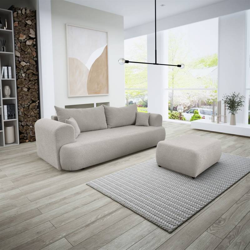 Sofa Schlafsofa 3-Sitzer ANIKE inkl. Polsterhocker in Stoff Now or Never Beige von Fun Möbel