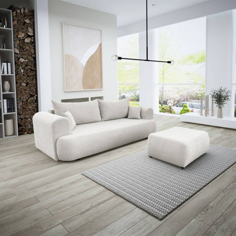 Sofa Schlafsofa 3-Sitzer ANIKE inkl. Polsterhocker in Stoff Now or Never Creme von Fun Möbel