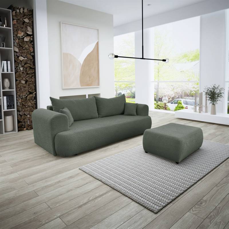 Sofa Schlafsofa 3-Sitzer ANIKE inkl. Polsterhocker in Stoff Now or Never Grün... von Fun Möbel