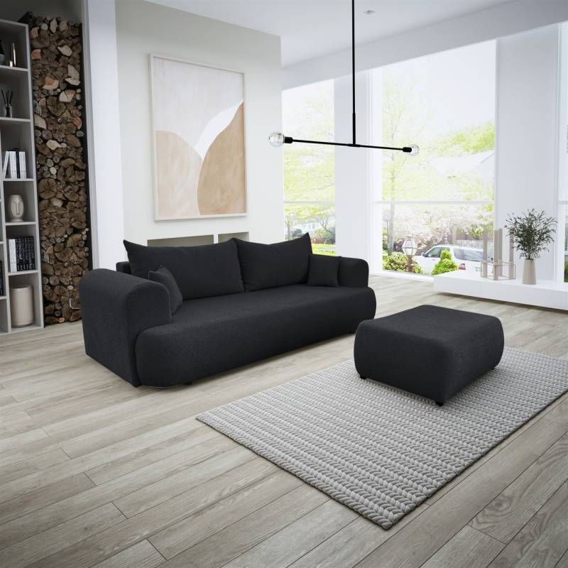 Sofa Schlafsofa 3-Sitzer ANIKE inkl. Polsterhocker in Stoff Now or Never Schwarz von Fun Möbel