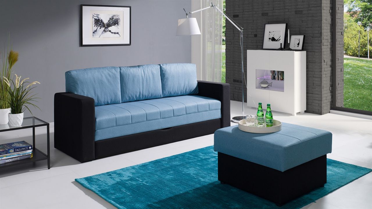 Sofa Schlafsofa LABRI 3-Sitzer inkl.Hocker Schwarz/ Hellblau von Fun Moebel