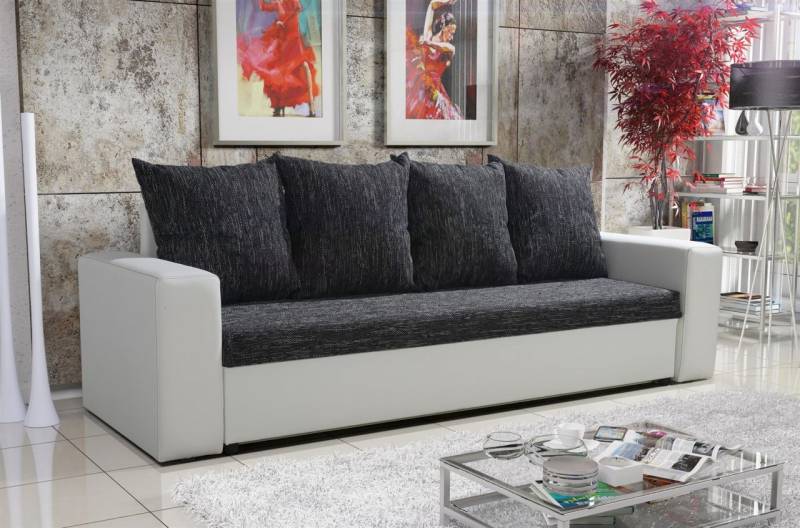 Sofa Schlafsofa inklusive Bettkasten NINA Weiss / Schwarz von Fun Moebel