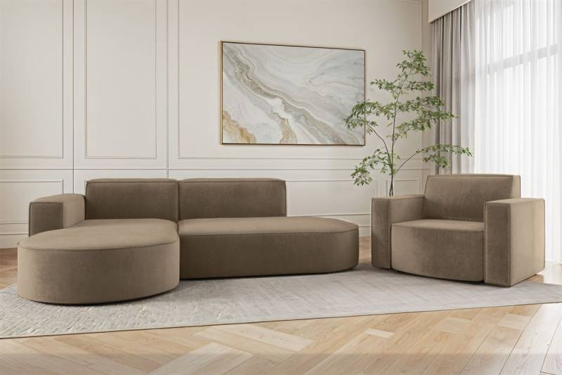 Sofa Set 2-teilig Sessel und Ecksofa PALMA XS Stoff Noel Braun Ottomane Links von Fun Möbel