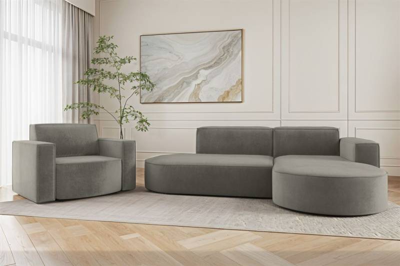 Sofa Set 2-teilig Sessel und Ecksofa PALMA XS Stoff Noel Grau Ottomane Rechts von Fun Möbel