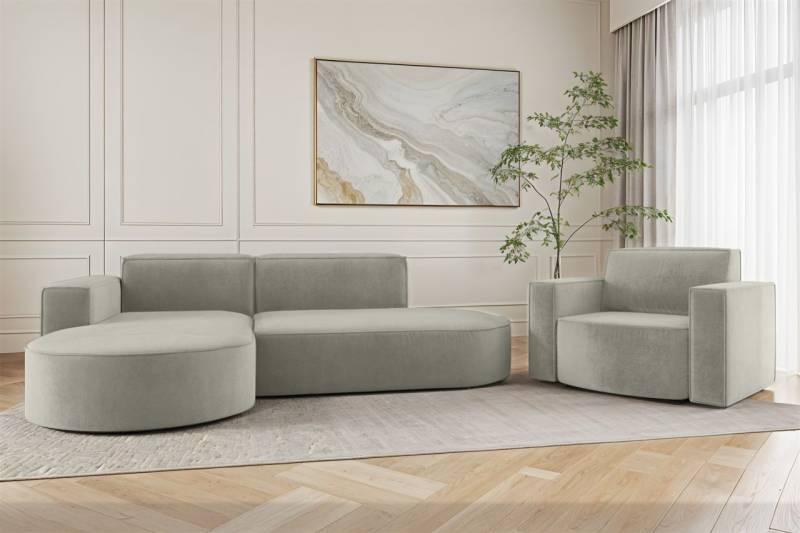 Sofa Set 2-teilig Sessel und Ecksofa PALMA XS Stoff Noel Hellgrau Ottomane Links von Fun Möbel