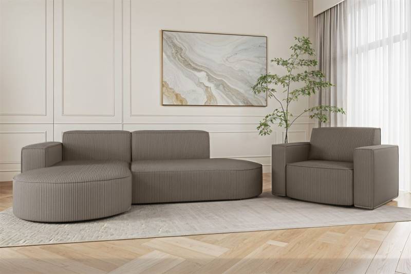Sofa Set 2-teilig Sessel und Ecksofa PALMA XS Stoff Scala Grau Ottomane Links von Fun Möbel
