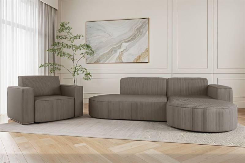 Sofa Set 2-teilig Sessel und Ecksofa PALMA XS Stoff Scala Grau Ottomane Rechts von Fun Möbel