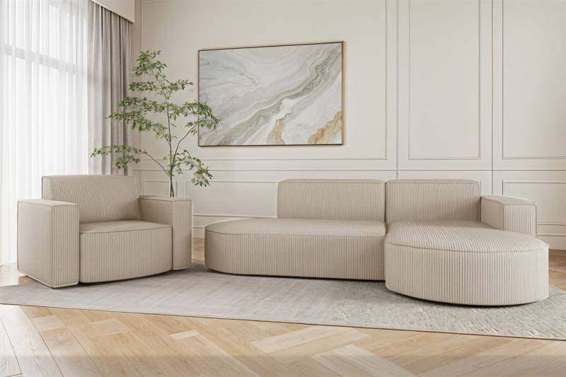 Sofa Set 2-teilig Sessel und Ecksofa PALMA XS Stoff Scala Sand Ottomane Rechts von Fun Möbel