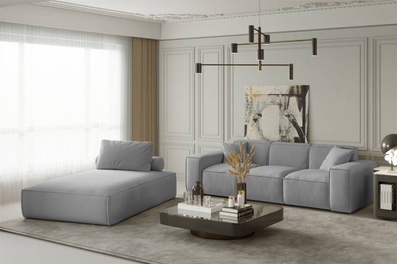 Sofa Set 2-teilig Sezlong und Sofa 3-Sitzer CELES in Stoff Opera Velvet Hellgrau von Fun Moebel