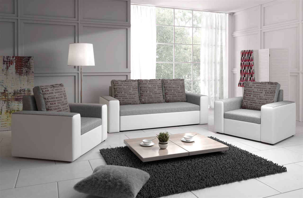 Sofa Set LEEDS 3-1-1 Sofagarnitur Kunstleder-Webstoff Weiss / Hellgrau Sofa Set LEEDS 3-1-1 Sofagarnitur Kunstleder-Webstoff Weiss / Hellgrau von Fun Moebel