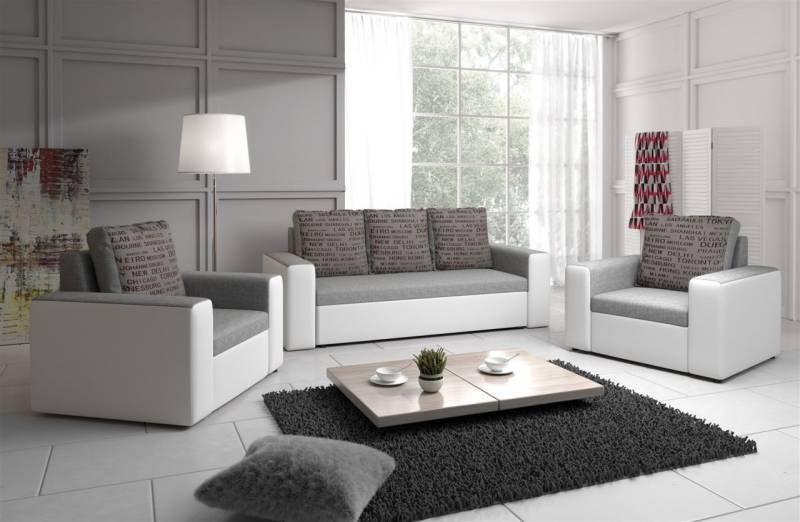Sofa Set LEEDS 3-1-1 Sofagarnitur Kunstleder-Webstoff Weiss / Hellgrau von Fun Moebel