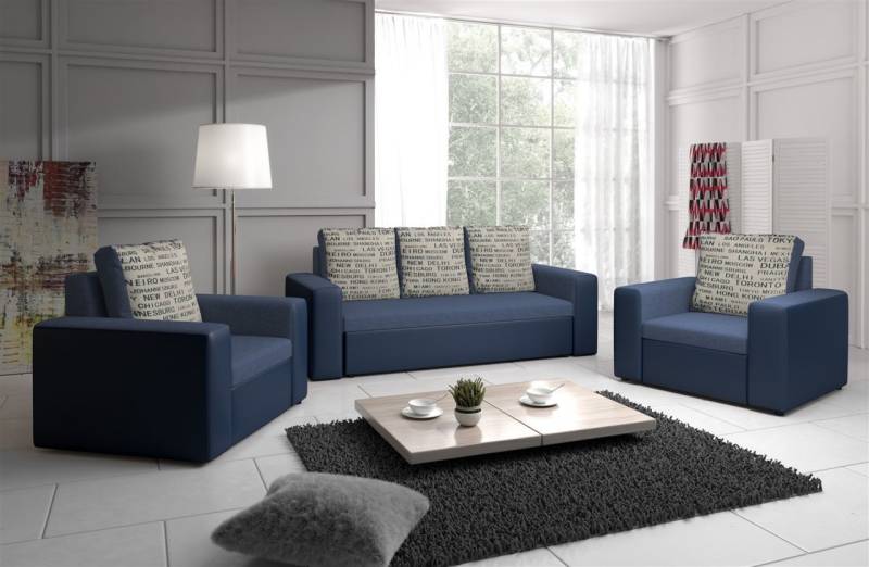 Sofa Set LEEDS 3-1-1 Sofagarnitur in Kunstleder-Webstoff Blau von Fun Moebel