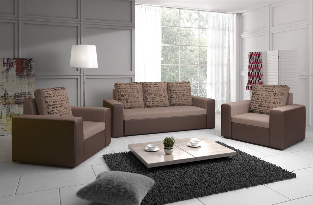 Sofa Set LEEDS 3-1-1 Sofagarnitur in Kunstleder-Webstoff Braun von Fun Moebel