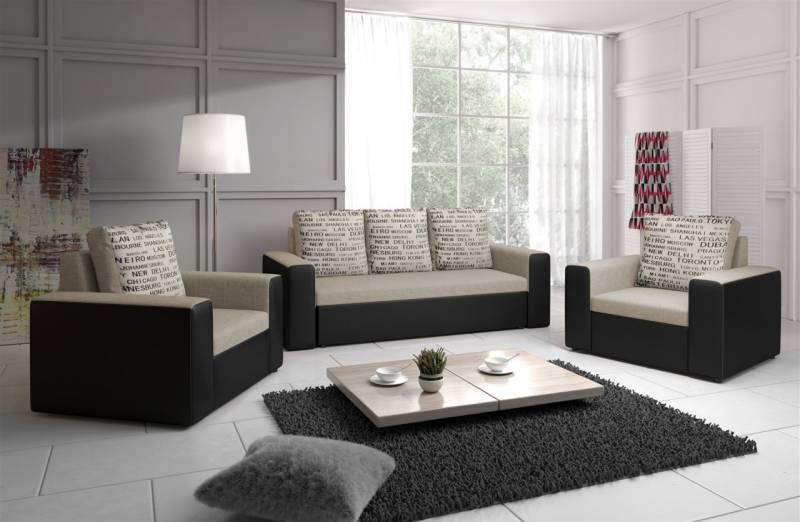 Sofa Set LEEDS 3-1-1 Sofagarnitur in Kunstleder-Webstoff Schwarz/Beige von Fun Moebel