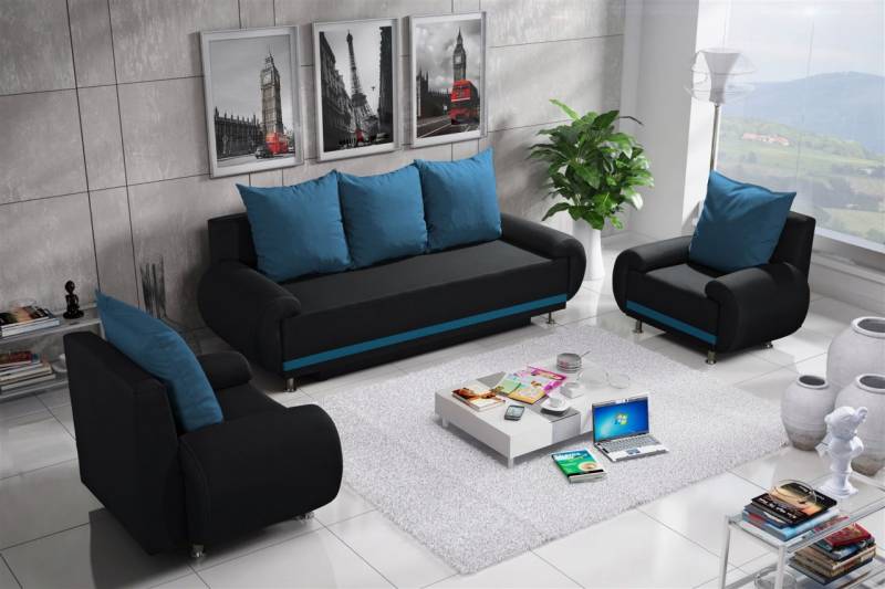 Sofa Set MIKA 3-1-1 Sofagarnitur in Polyesterstoff Anthrazit/ Hellblau von Fun Moebel
