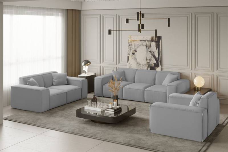 Sofaset Designersofa CELES 3-2-1 in Stoff Opera Velvet Hellgrau von Fun Moebel