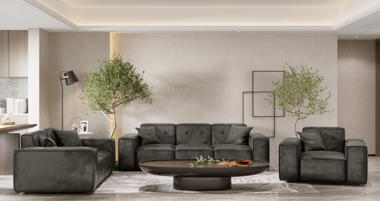 Sofaset Designersofa CESINA 3-2-1 in Stoff Gobi (Vintage Look) Anthrazit von Fun Möbel