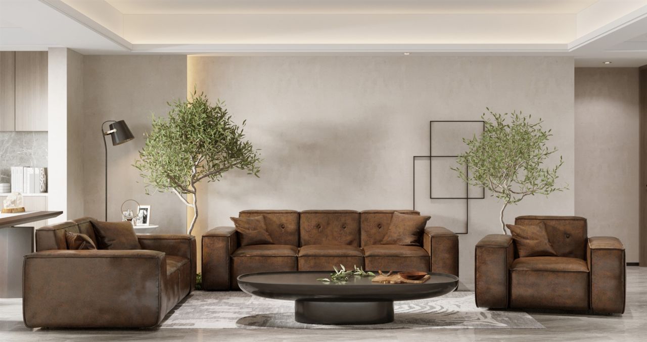 Sofaset Designersofa CESINA 3-2-1 in Stoff Gobi (Vintage Look) Braun von Fun Möbel