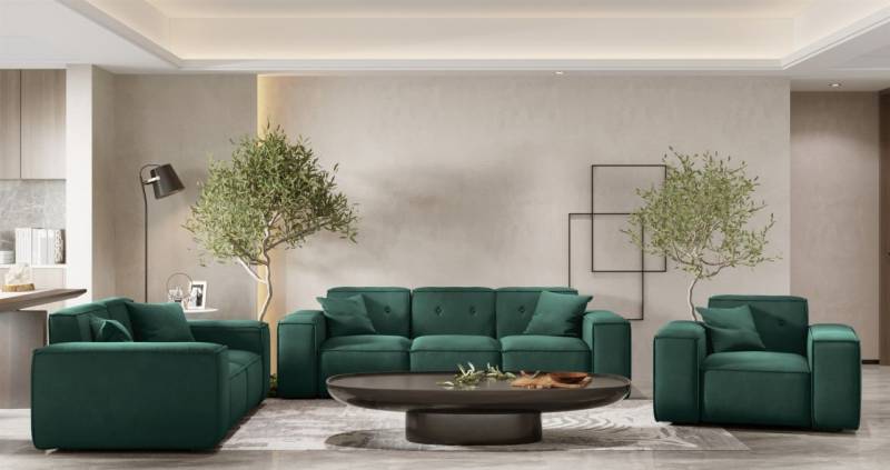 Sofaset Designersofa CESINA 3-2-1 in Stoff Opera Velvet Grün von Fun Möbel