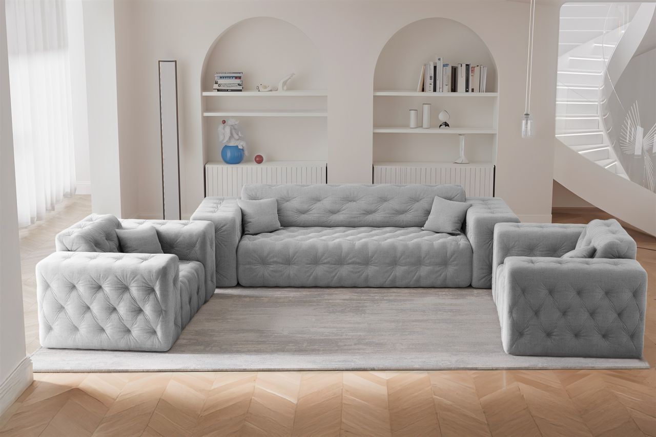 Sofaset Designersofa CHANTAL 3-1-1 in Stoff Moly Hellgrau von Fun Moebel