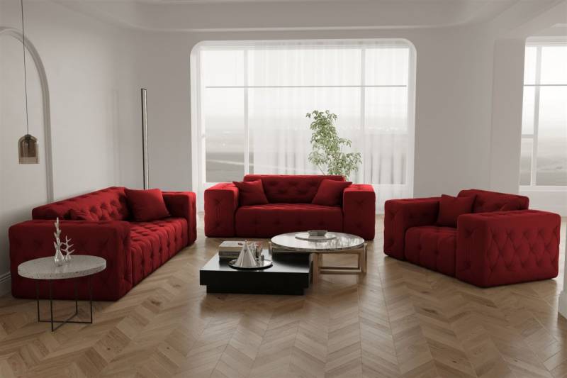 Sofaset Designersofa CHANTAL 3-2-1 in Stoff Opera Velvet Rubinrot von Fun Moebel