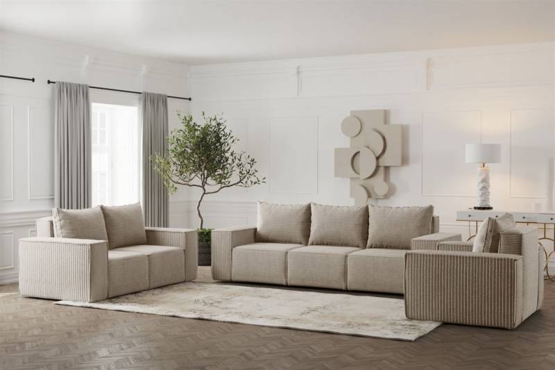 Sofaset Designersofa ESTELLE 3-2-1 in Stoff Poso Beige von Fun Möbel