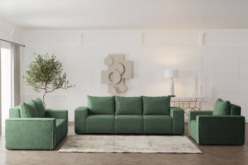 Sofaset Designersofa ESTELLE 3-2-1 mit Schlaffunktion Stoff Abriamo Grün von Fun Möbel