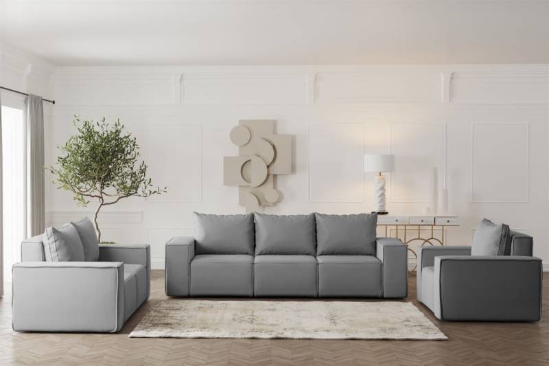 Sofaset Designersofa ESTELLE 3-2-1 mit Schlaffunktion Stoff Opera Velvet Grau von Fun Möbel