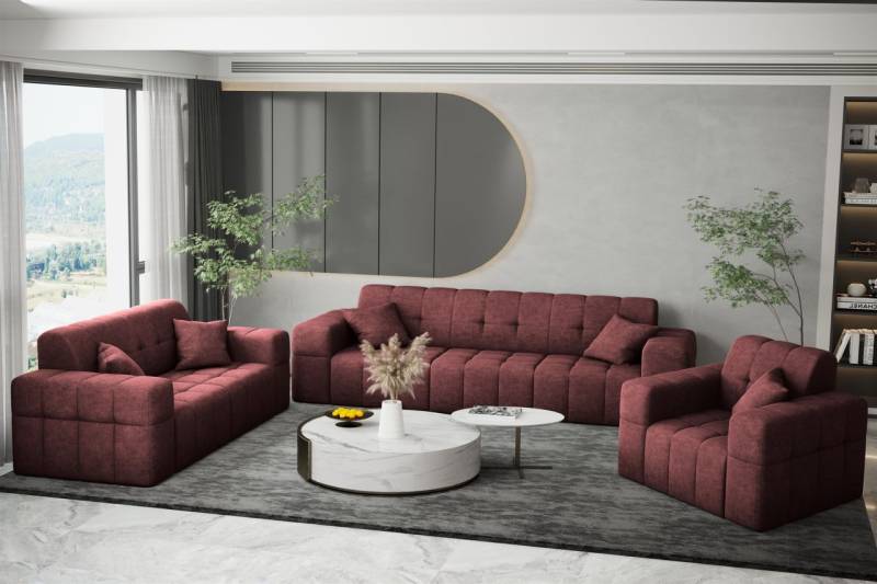 Sofaset Designersofa NANCY 3-2-1 in Stoff Perfekt Harmony Bordeauxrot von Fun Möbel
