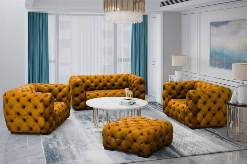 Sofaset Designersofa NATALIE 3-1-1 in Stoff Riviera Goldgelb von Fun Moebel