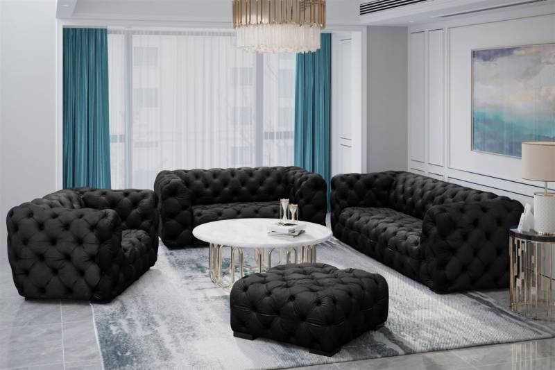 Sofaset Designersofa NATALIE 3-2-1 in Stoff Riviera Schwarz von Fun Moebel